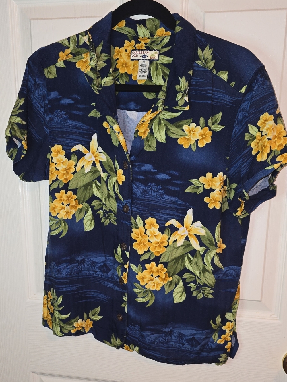 Caribbean‎ Joe Navy Blue Hawaiian Button-Down with Yellow Floral Print